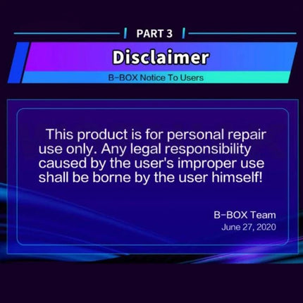B-BOX iPhone Programming Tool with Screen for Models 7-11 showing disclaimer notice about personal repair use and liability