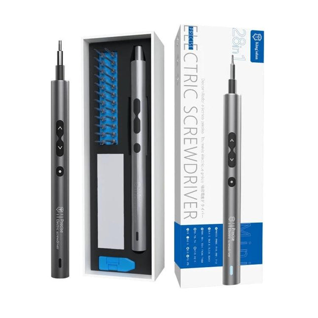 28-in-1 Precision Electric Screwdriver for Home Repairs, compact silver electric/manual screwdriver set with 28 bits in box