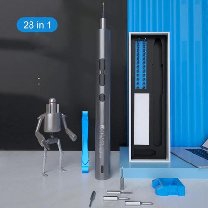 28-in-1 Precision Electric Screwdriver for Home Repairs in sleek grey electric/manual kit with bits, case, and compact design