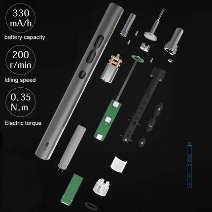 28-in-1 Precision Electric Screwdriver for Home Repairs showing exploded view and specs (330mAh, 200 r/min, 0.35 N.m)