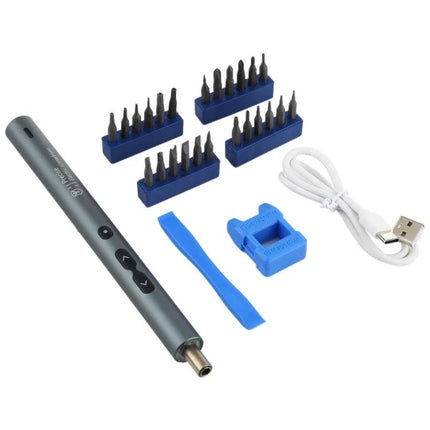 28-in-1 Precision Electric Screwdriver for Home Repairs with metal driver, 20 bits, USB charging cable and blue accessories