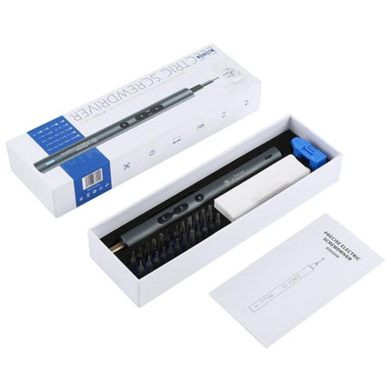 28-in-1 Precision Electric Screwdriver for Home Repairs compact kit with bits, charging case and manual in white box