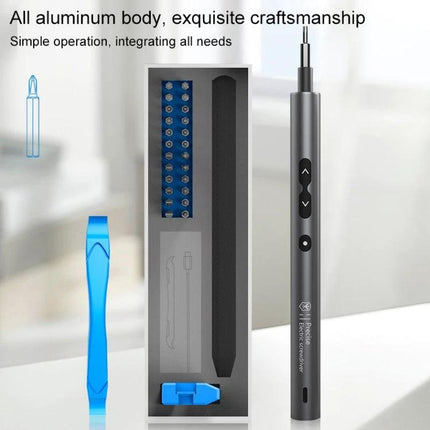 28-in-1 Precision Electric Screwdriver for Home Repairs showing compact aluminum electric screwdriver with bit set and pry tool