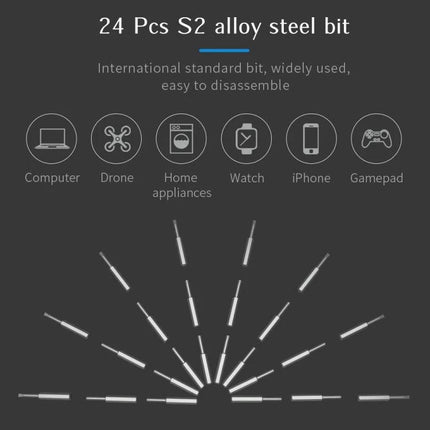 28-in-1 Precision Electric Screwdriver for Home Repairs showing 24 S2 alloy steel bits and icons for computer, drone, appliances, watch, iPhone, gamepad