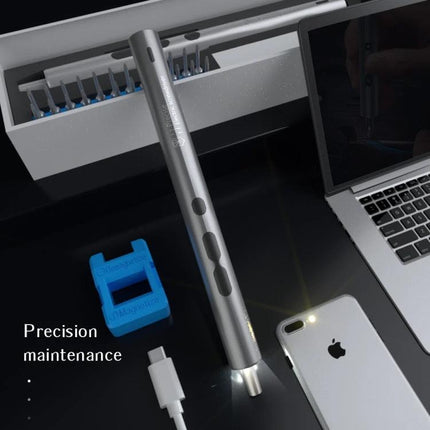 28-in-1 Precision Electric Screwdriver for Home Repairs shown with bits kit, phone, laptop and charging cable for precision maintenance
