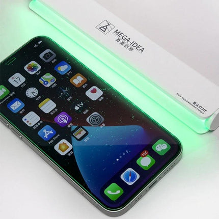 Green LED Dust Lamp for Detecting Phone Screen Dust and Cracks - technician inspecting smartphone screen for dust and cracks under green LED