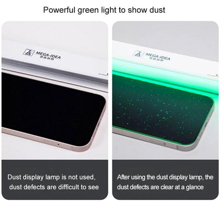 Green LED Dust Lamp for Detecting Phone Screen Dust and Cracks showing phone screen before and after dust inspection under green light