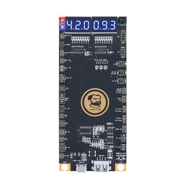 Mechanic BA27 Board for Smartphone Battery Activation showing voltage/current display and USB connectors, single-button activation for safe battery repair