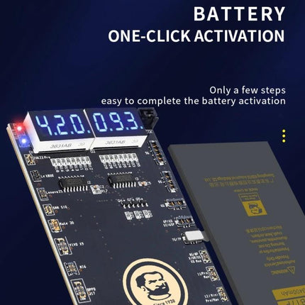 Mechanic BA27 Board for Smartphone Battery Activation showing digital voltage displays and one-click activation button