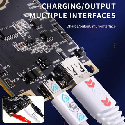 Mechanic BA27 Board for Smartphone Battery Activation showing USB interfaces and charging cables connected to the PCB