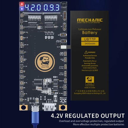 Mechanic BA27 Board for Smartphone Battery Activation showing board, battery, digital voltage/current readout and USB connection