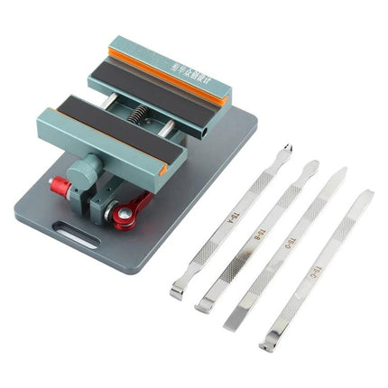 Adjustable Rotating PCB Fixture with 4-in-1 Crowbar Set for Phone Repair – metal PCB holder and four stainless steel crowbars for mobile motherboard work