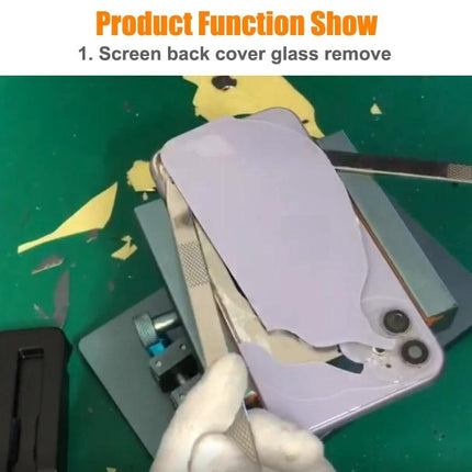 Adjustable Rotating PCB Fixture with 4-in-1 Crowbar Set for Phone Repair securing smartphone motherboard while removing back cover glass