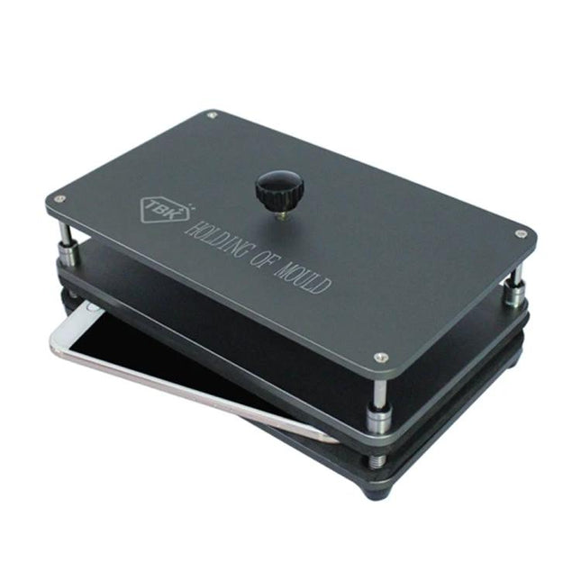 TBK Universal Pressure Mold for iPhone and Android Screen Repair - black holding mold with adjustable screws and phone inside