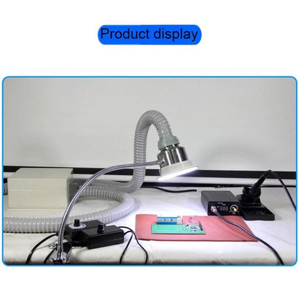 TBK Anti-Static Smoke Evacuator for Mobile Phone Repair positioned over a phone circuit board on a repair workbench