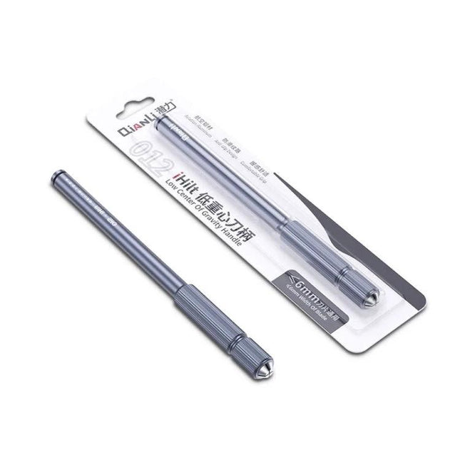 QIANLI iHilt 012 Stable Aluminum Alloy Knife Hilt for Precision Work - slim aluminum alloy hilt shown in package and loose, low center of gravity for precision tasks