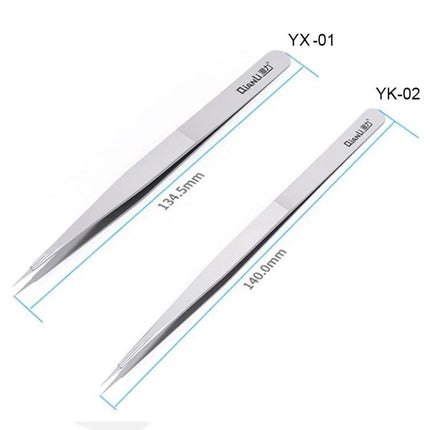 Qianli iNeezy Stainless Steel Pointed Tweezers for Phone Repair - two precision stainless steel pointed tweezers with measurements