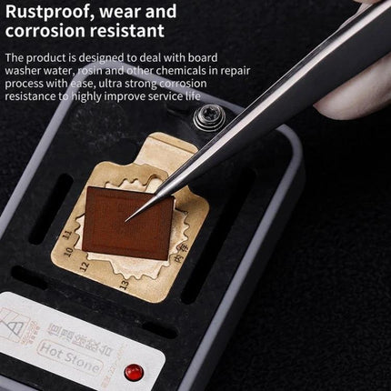 Qianli iNeezy Stainless Steel Pointed Tweezers for Phone Repair picking tiny components on a circuit board, rustproof precision tool