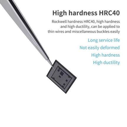 Qianli iNeezy Stainless Steel Pointed Tweezers for Repairs holding a tiny electronic chip, high hardness HRC40 precision tip