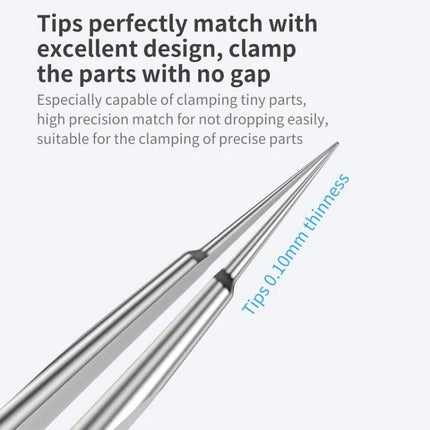 Qianli iNeezy Stainless Steel Pointed Tweezers for Repairs - close-up of fine 0.10mm tips clamping tiny electronic parts