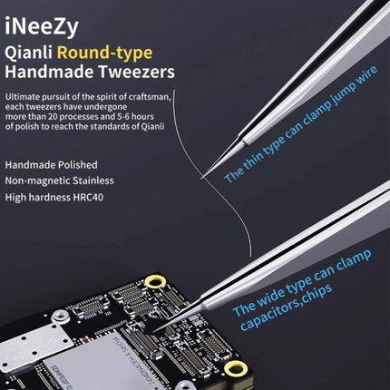 Qianli iNeezy Stainless Steel Pointed Tweezers for Repairs - precision pointed tweezers gripping tiny mobile phone components on PCB