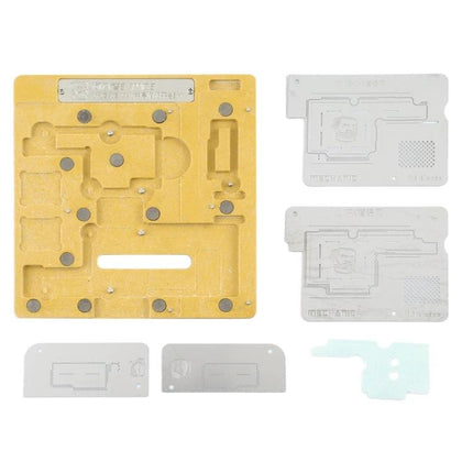 Mechanic MR3 3-in-1 Repair Platform for iPhone X and XS showing magnetic fixture plates and alignment templates for BGA reballing and component handling