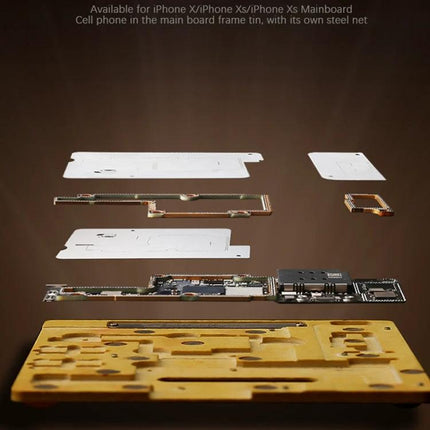 Mechanic MR3 3-in-1 Repair Platform for iPhone X and XS showing disassembled iPhone X/XS mainboard jigs and steel nets for precise BGA reballing and component handling