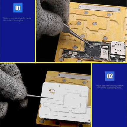 Mechanic MR3 3-in-1 Repair Platform for iPhone X and XS holding iPhone X motherboard for precise BGA reballing and component alignment