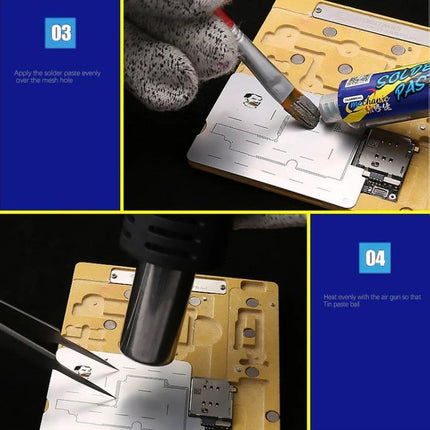 Mechanic MR3 3-in-1 Repair Platform for iPhone X and XS holding iPhone X/XS motherboard during solder paste application and heat reflow
