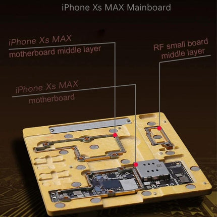 Mechanic MR3 3-in-1 Repair Platform for iPhone X and XS holding iPhone Xs/MAX motherboard for precise component alignment and BGA reballing