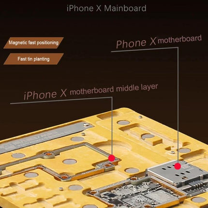 Mechanic MR3 3-in-1 Repair Platform for iPhone X and XS holding iPhone X motherboard for precise BGA reballing and component alignment