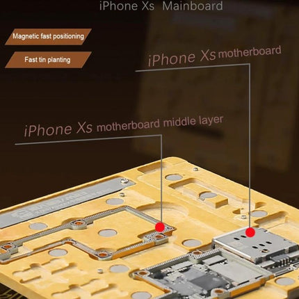 Mechanic MR3 3-in-1 Repair Platform for iPhone X and XS holding iPhone Xs motherboard for precise BGA reballing and component alignment
