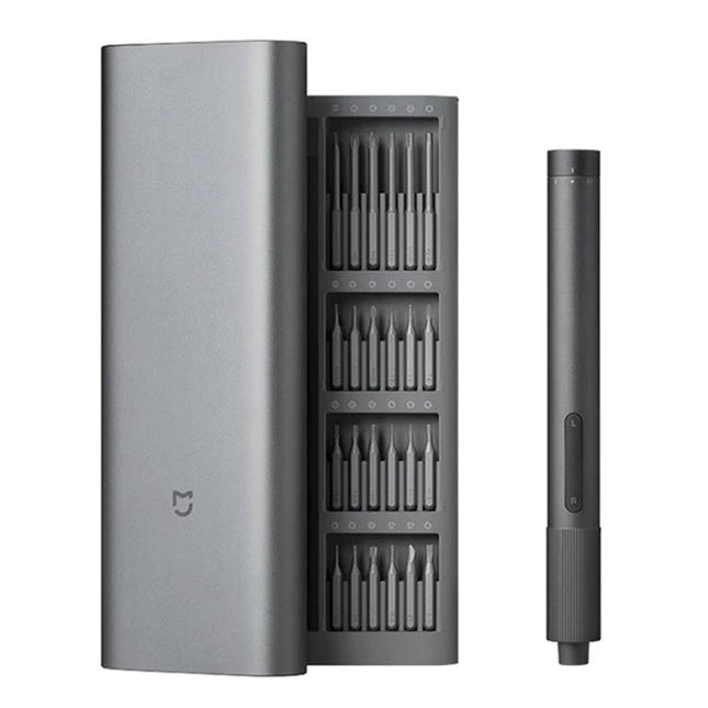 Xiaomi Mijia 25-in-1 Rechargeable Precision Screwdriver for Repairs with compact magnetic bit case and slim gray driver