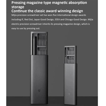 Xiaomi Mijia 25-in-1 Rechargeable Precision Screwdriver for Repairs slim magnetic bit storage kit shown with open and closed cases