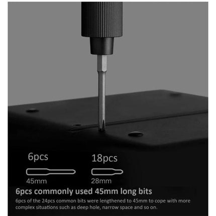Xiaomi Mijia 25-in-1 Rechargeable Precision Screwdriver for Repairs shown driving a 45mm bit into an electronic device with magnetic bit storage