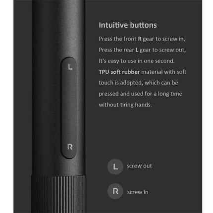Xiaomi Mijia 25-in-1 Rechargeable Precision Screwdriver for Repairs showing intuitive L and R buttons and textured grip for screw in/out control