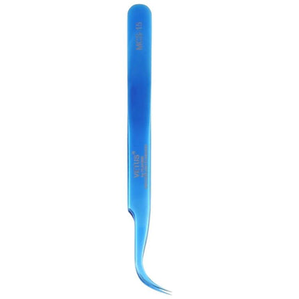 Vetus Bright Blue Curved Tweezers for Device Repair - close-up of blue curved-tip tweezers for precision smartphone and electronics work