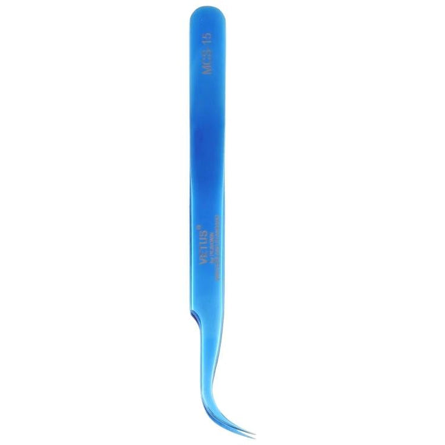 Vetus Bright Blue Curved Tweezers for Device Repair - close-up of blue curved-tip tweezers for precision smartphone and electronics work