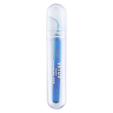 Vetus Bright Blue Curved Tweezers for Device Repair in clear protective case, angled tip for smartphone and small electronics