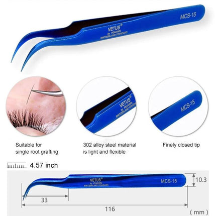 Vetus Bright Blue Curved Tweezers for Device Repair - blue MCS-15 curved tip tweezers for precise smartphone and small electronics repair