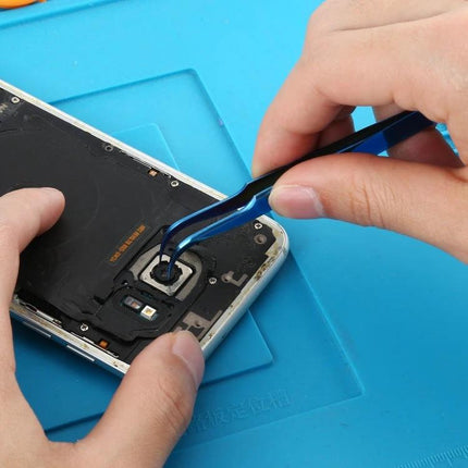 Vetus Bright Blue Curved Tweezers for Device Repair used to pick small components during smartphone repair