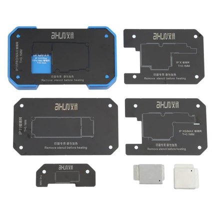 AIXUN FT06 Pro Professional Reballing Platform for iPhone X through 11 Pro Max showing multiple stencils and alignment plates for precise motherboard reballing