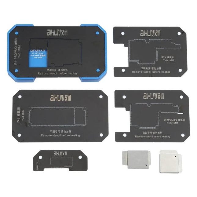 AIXUN FT06 Pro Professional Reballing Platform for iPhone X through 11 Pro Max showing multiple stencils and alignment plates for precise motherboard reballing