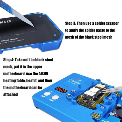 AIXUN FT06 Pro Professional Reballing Platform for iPhone X through 11 Pro Max showing solder paste application and motherboard alignment tools