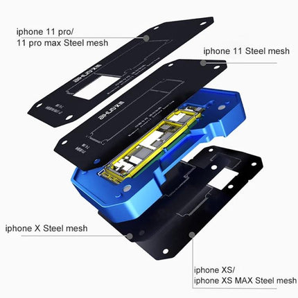 AIXUN FT06 Pro Professional Reballing Platform for iPhone X through 11 Pro Max exploded view showing steel mesh plates and blue reballing fixture