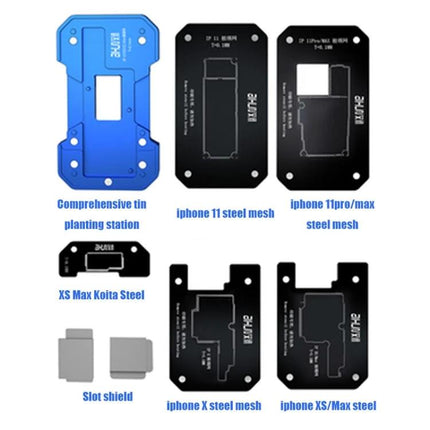 AIXUN FT06 Pro Professional Reballing Platform for iPhone X through 11 Pro Max showing multiple steel meshes and tin planting station for precise iPhone motherboard repairs