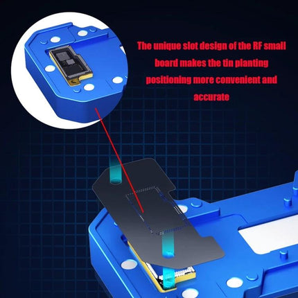 AIXUN FT06 Pro Professional Reballing Platform for iPhone X through 11 Pro Max showing RF small board slot for precise tin planting positioning