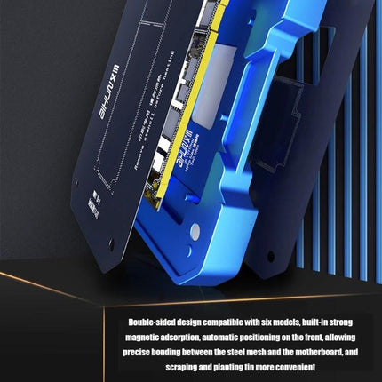 AIXUN FT06 Pro Professional Reballing Platform for iPhone X through 11 Pro Max showing blue fixture and motherboard positioning features