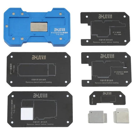 AIXUN FT06 Pro Professional Reballing Platform for iPhone X through 11 Pro Max showing blue fixture and multiple black stencils for iPhone logic board reballing