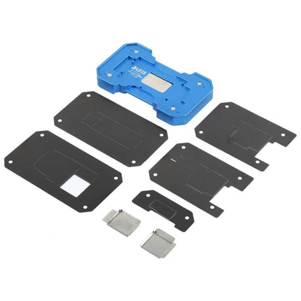 AIXUN FT06 Pro Professional Reballing Platform for iPhone X through 11 Pro Max blue fixture with multiple black motherboard plates and clamps